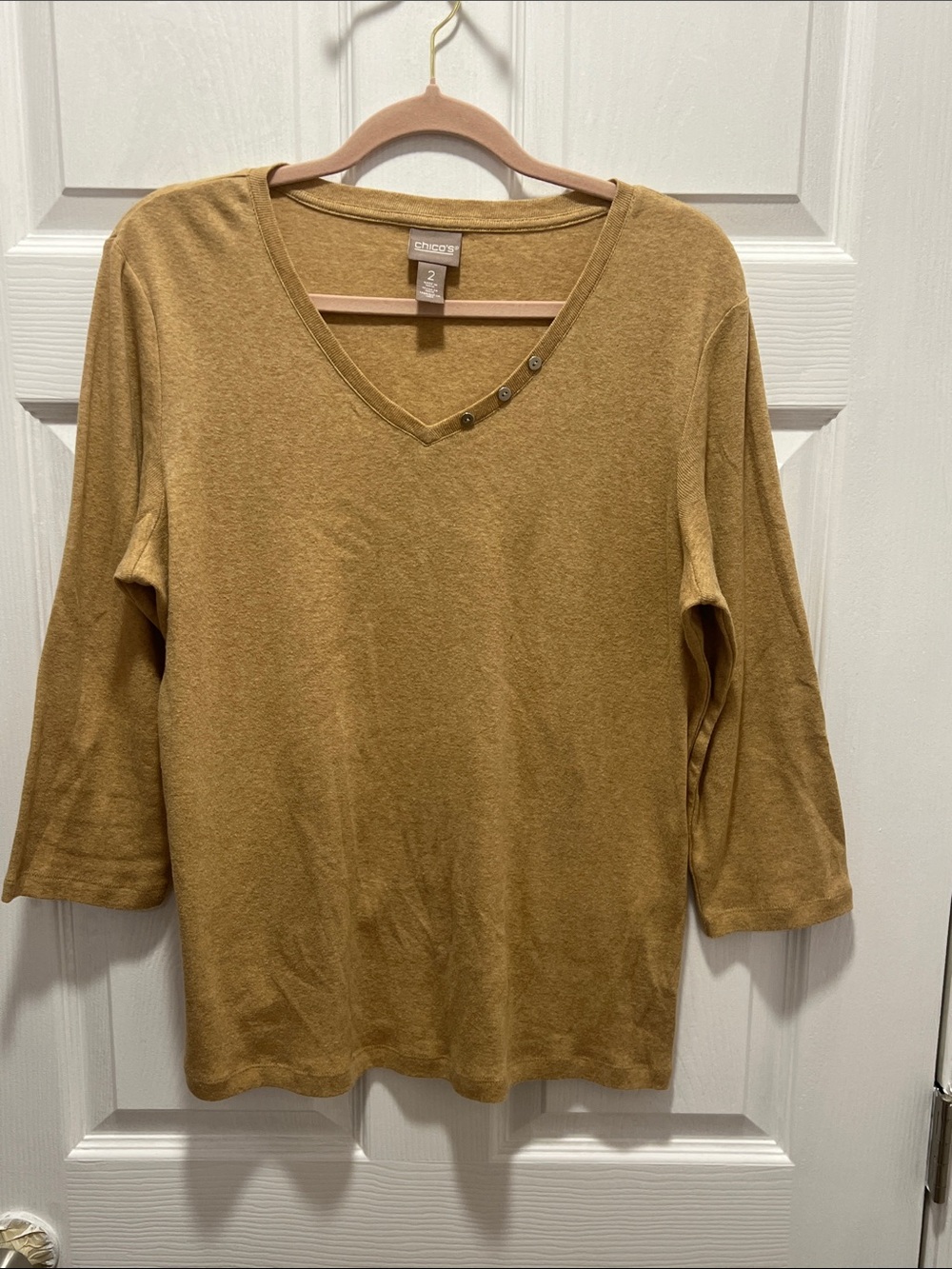 Chico's Warm camel V-Neck Top with Button Accent